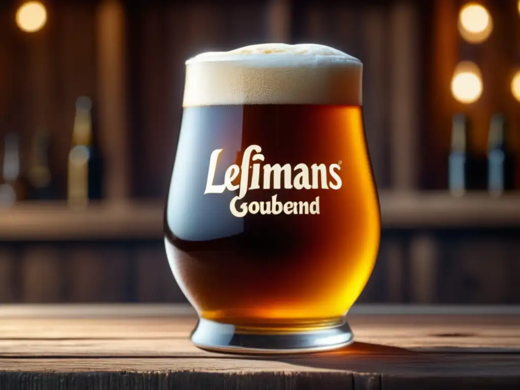 Detallada imagen 8k de una cerveza Liefmans Goudenband en un vaso, resaltando su color ámbar oscuro y espuma cremosa