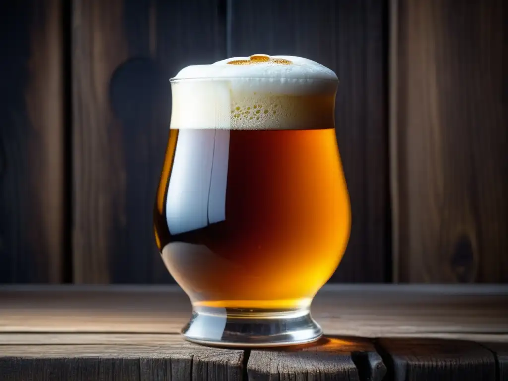 Imagen de cerveza Rochefort 10 Quadrupel en vaso de cristal con detalles y espuma cremosa en fondo oscuro