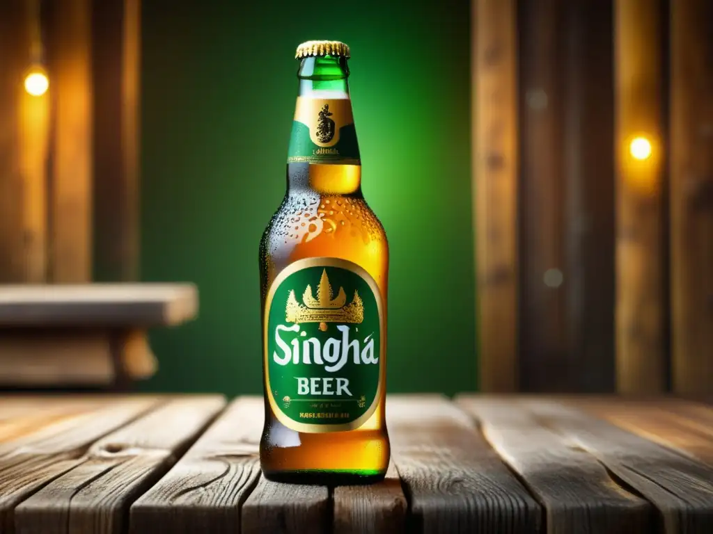 Botella de Singha cerveza en mesa de madera rústica