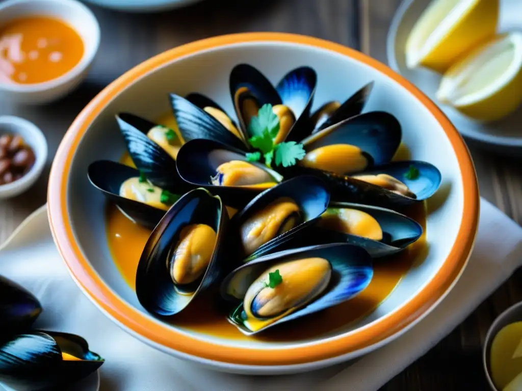 Steamy bowl of Mejillones al Vapor en Salsa de Tripel Belga: detalle en 8k con mussels, salsa cremosa y vapor