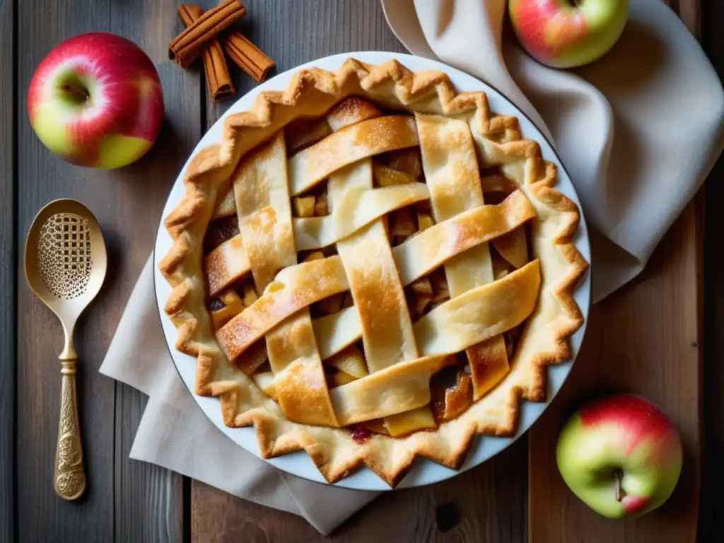 Deliciosa tarta de manzana recién horneada con detalles ultradetallados, acompañada de helado de vainilla y cerveza Barleywine