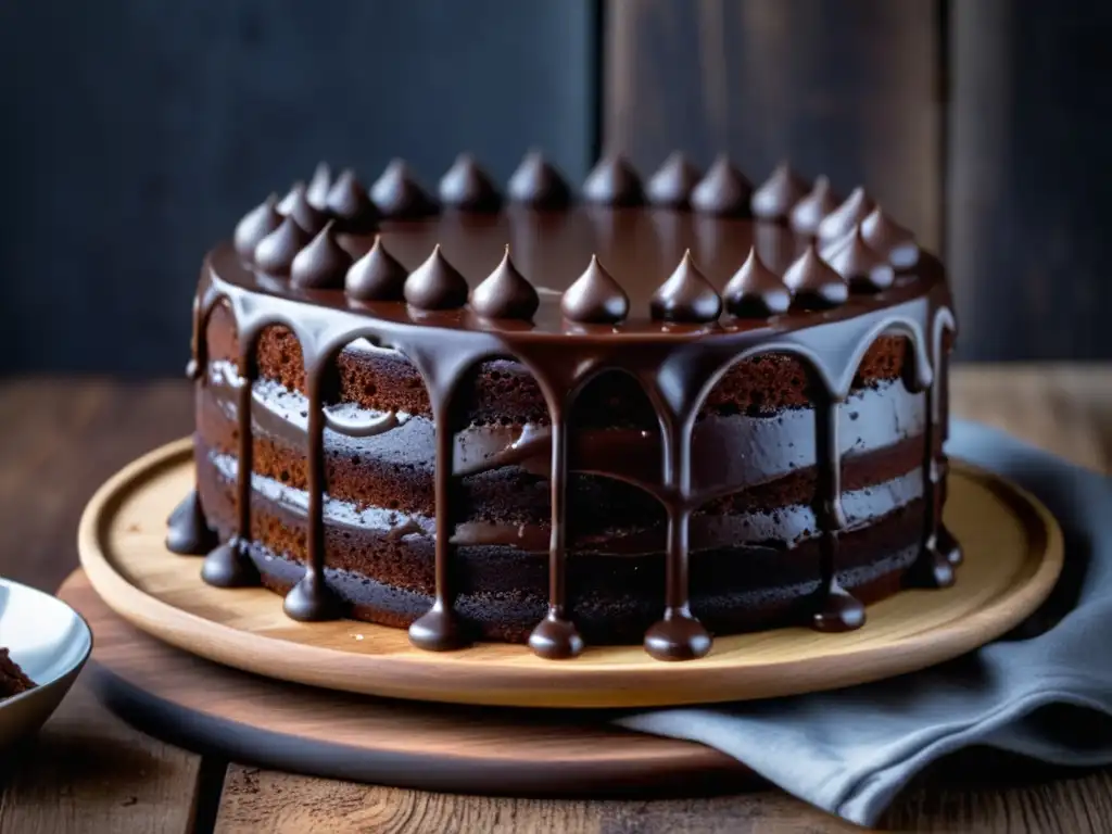 Delicioso pastel de chocolate oscuro con ganache cremoso y decoración de fresas rojas