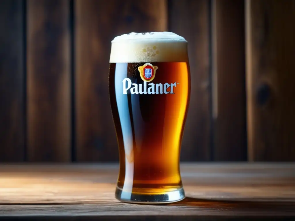 Imagen: Cerveza Paulaner Salvator Doppelbock en mesa de madera, con burbujas y condensación