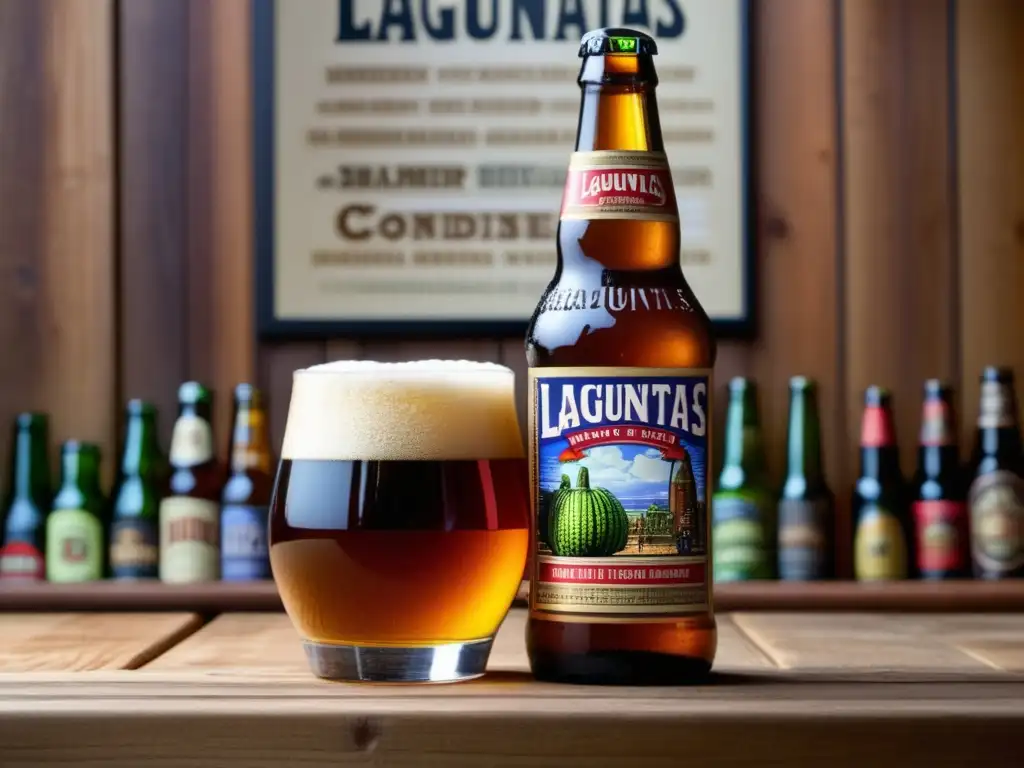 Una imagen detallada de una botella de cerveza Lagunitas en una mesa de madera rodeada de vasos de cerveza artesanal