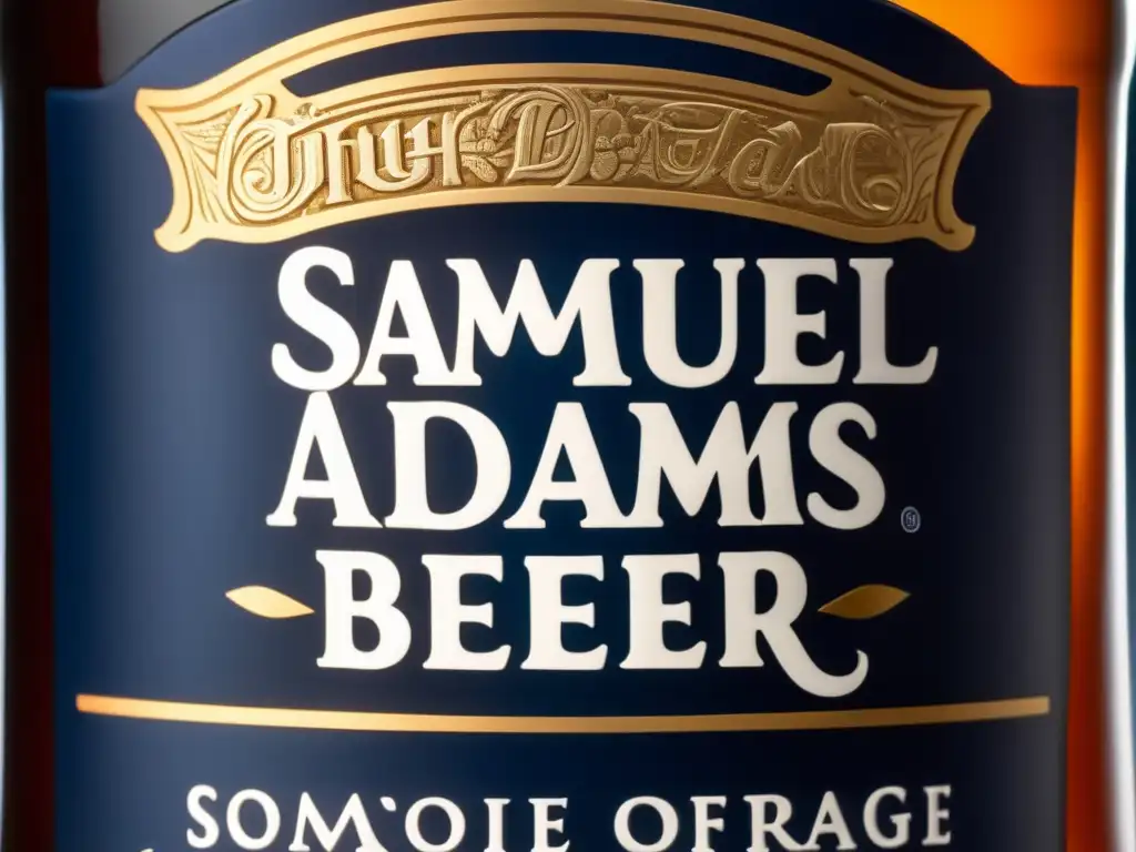 Botella de cerveza Samuel Adams congelada en primer plano, mostrando detalles distintivos, reconocimientos y elegancia