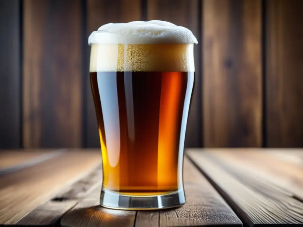 Cerveza ámbar con espuma cremosa y condensación en un vaso de madera - Impresiones y Registro