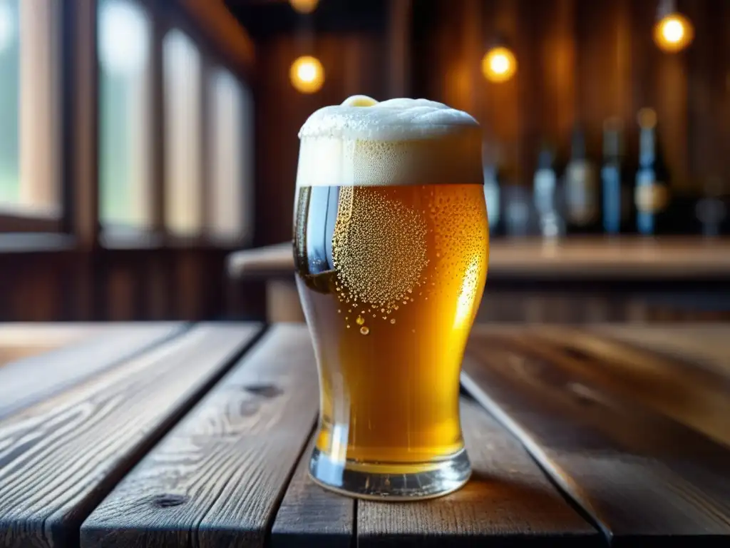 Cerveza artesanal con espuma cremosa y condensación brillante en una mesa de madera rústica - Formación Básica