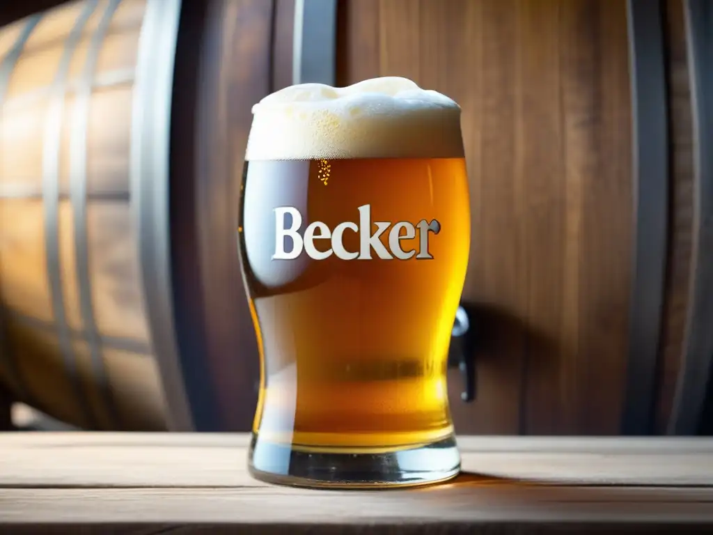 Cerveza artesanal Becker: detalle de un vaso dorado con espuma cremosa y burbujas, elegante y sofisticado