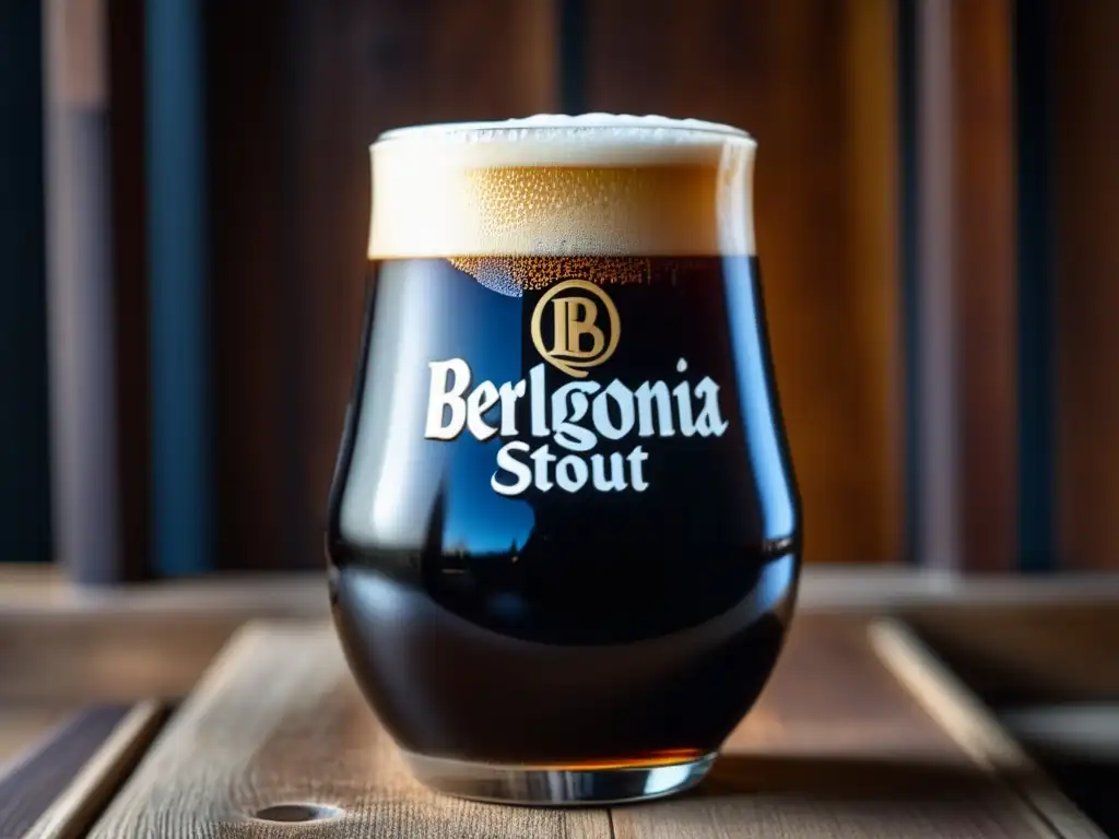 Detallada imagen de una copa de Berlina Patagonia Stout, oscura y sedosa, sobre una mesa de madera