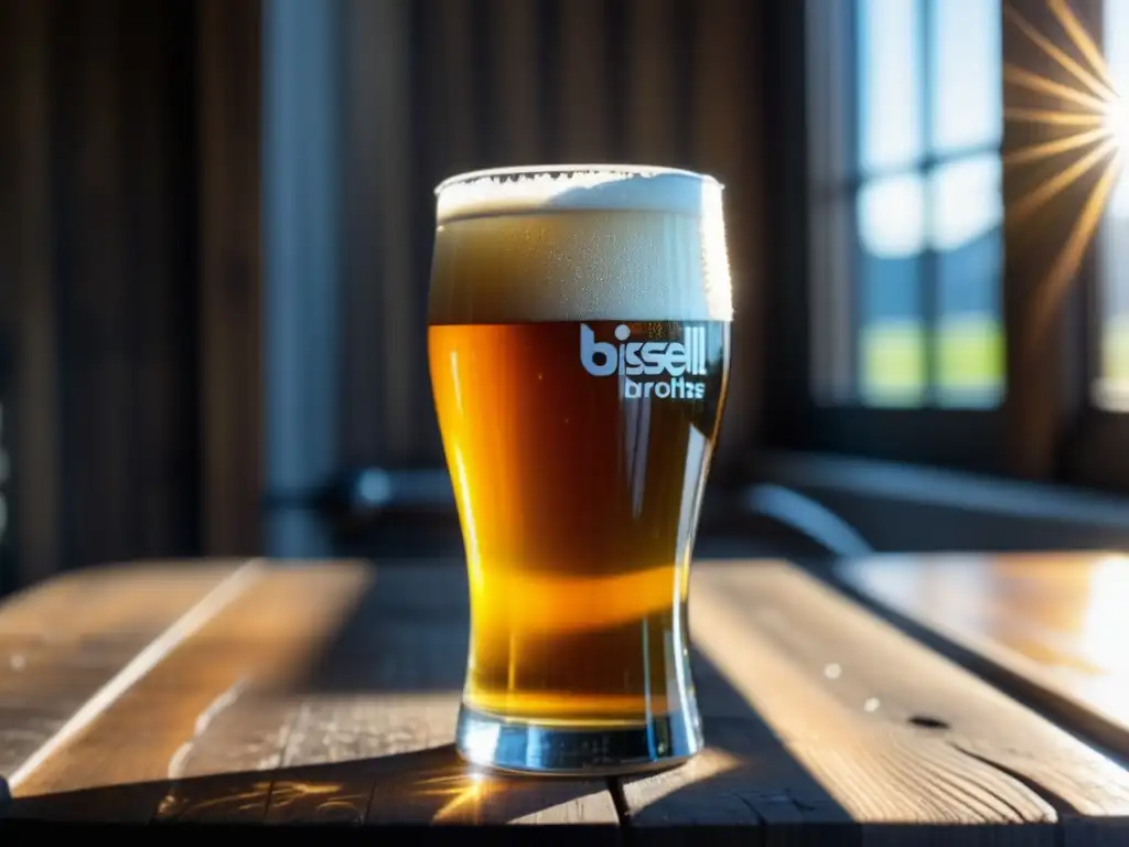 Detallada imagen de una cerveza Bissell Brothers en una mesa de madera rústica, con luz solar que crea un cálido brillo en el líquido ámbar