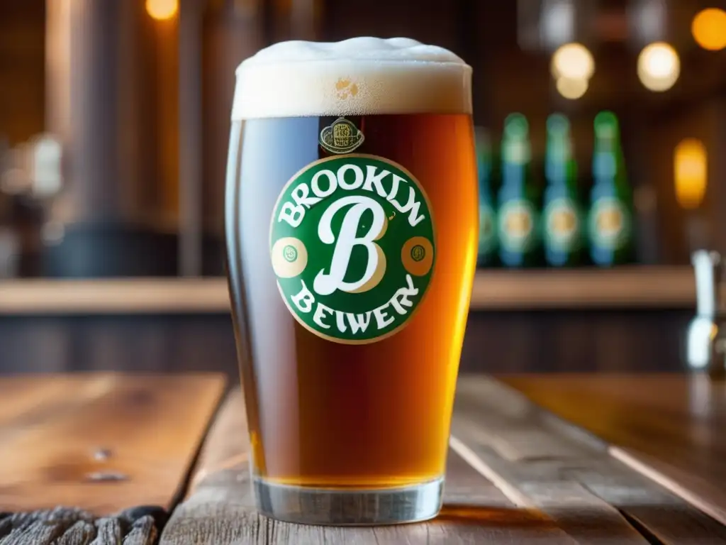 Cerveza Brooklyn Brewery: imagen detallada de una cerveza ámbar con espuma blanca en un vaso, rodeada de lúpulos y con el logo de la cervecería en oro