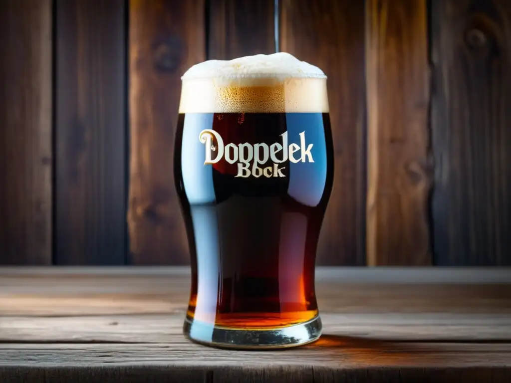 Detallada imagen de una copa con cerveza Doppelbock oscura y cremosa en una mesa de madera rústica