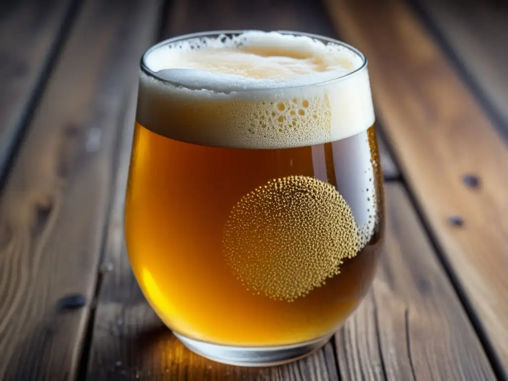 Cerveza orgánica: vistosa imagen de cerveza dorada con espuma y burbujas en una mesa de madera rustica