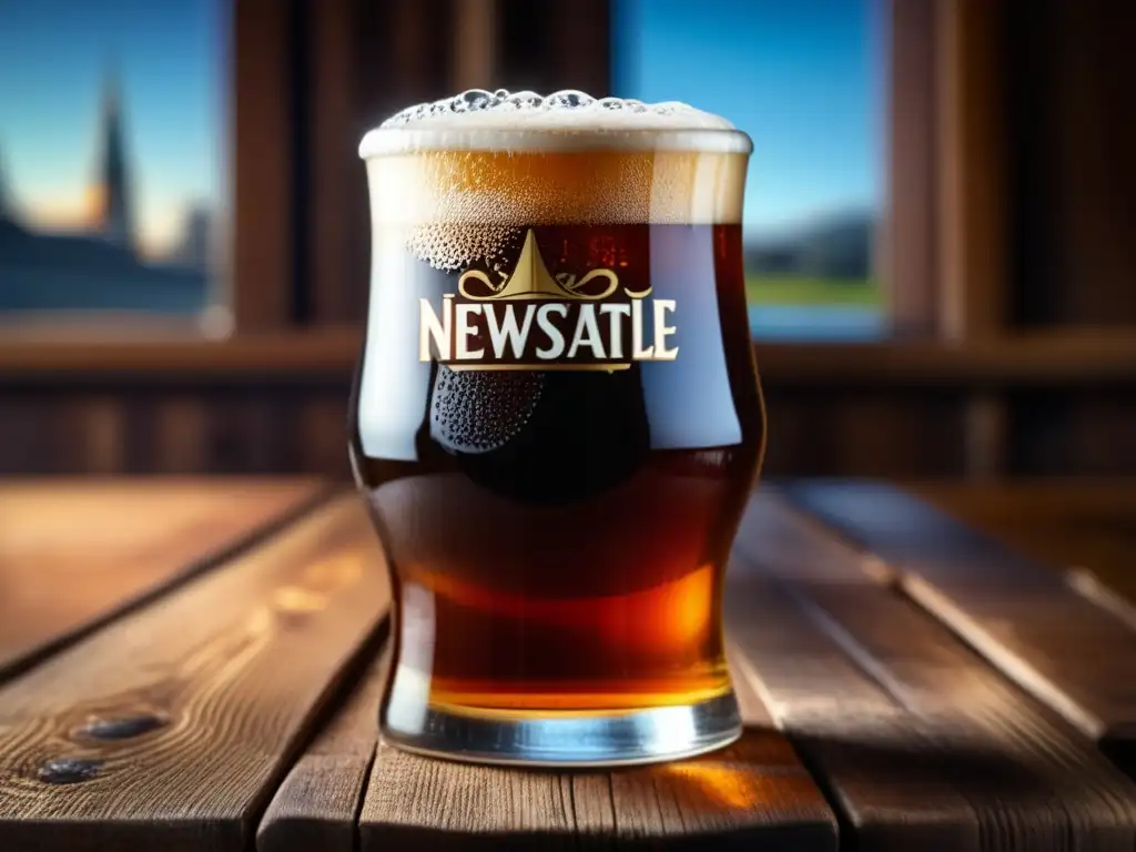 Cerveza Newcastle Brown Ale en vaso, detalles y frescura