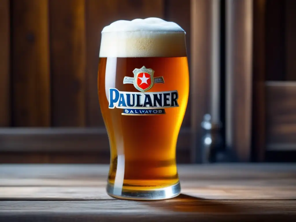 Imagen de cerveza Paulaner Salvator en vaso, con burbujas y espuma cremosa - Doppelbock