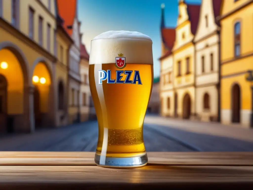 Detallada imagen de una cerveza Pilsner dorada con espuma, rodeada de elementos representativos de la ciudad de Plzeň