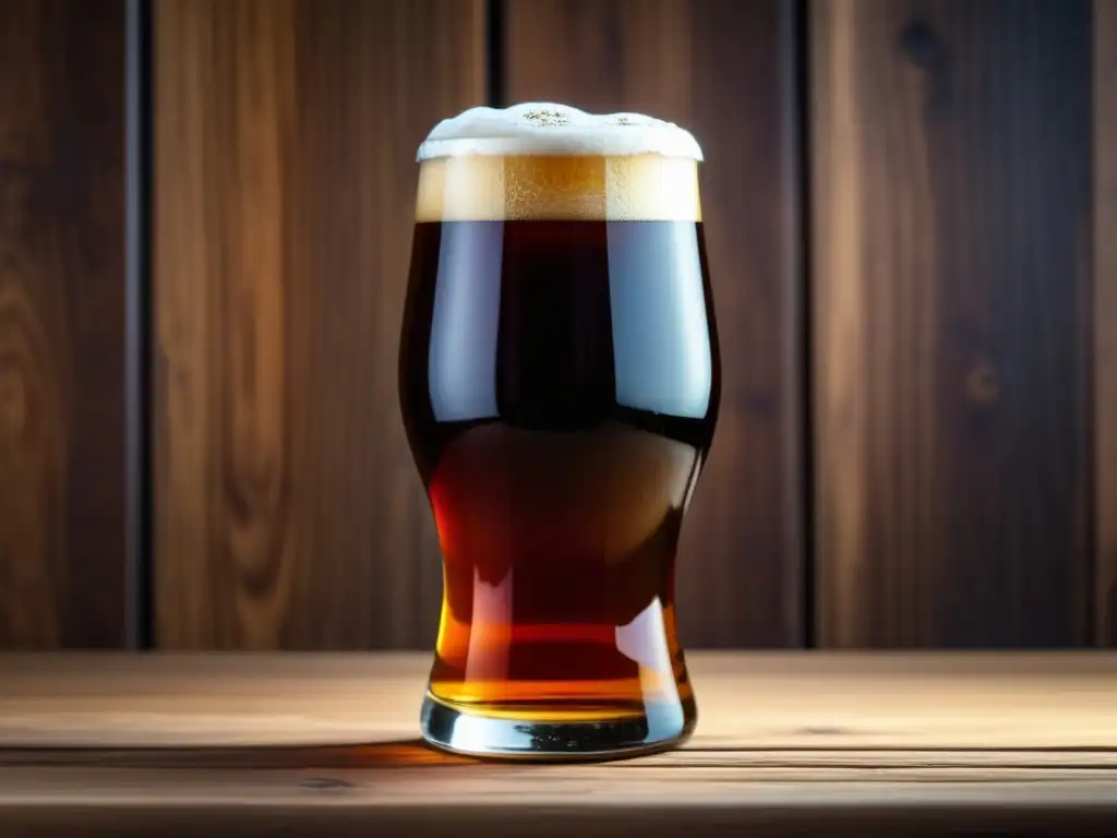 Vaso de cerveza Quadrupel en mesa de madera, detalle 8k que captura sabor, aroma y carbonatación