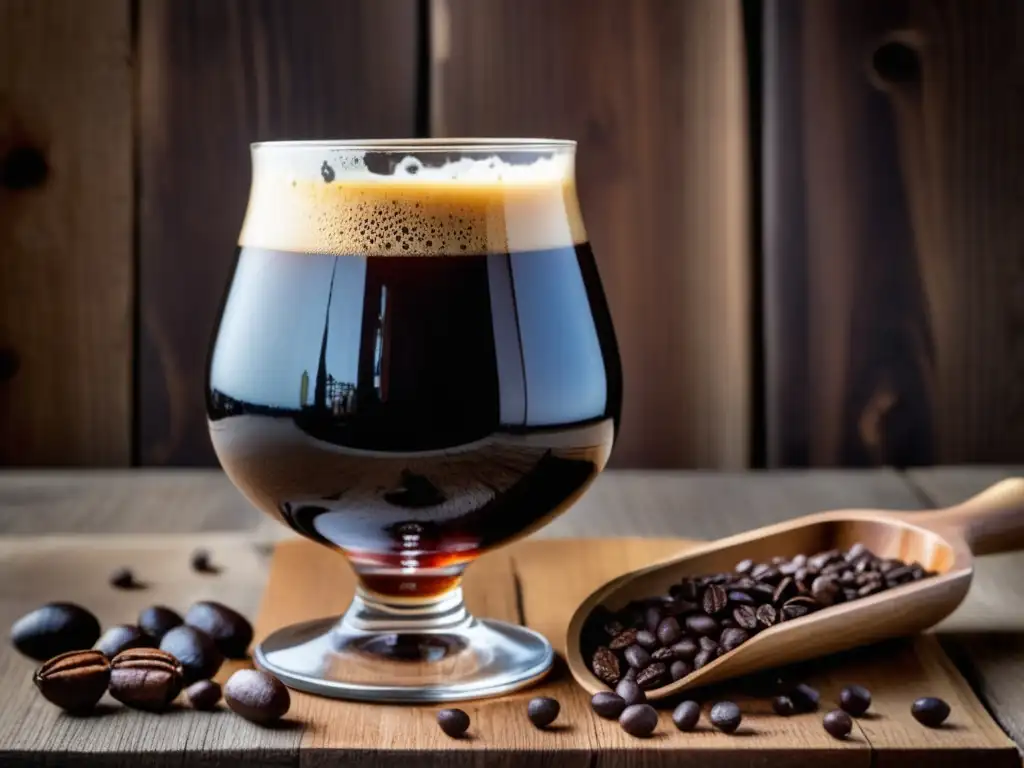 Russian Imperial Stout en snifter con espuma cremosa, rodeado de granos de café y nibs de cacao en una mesa de madera rústica