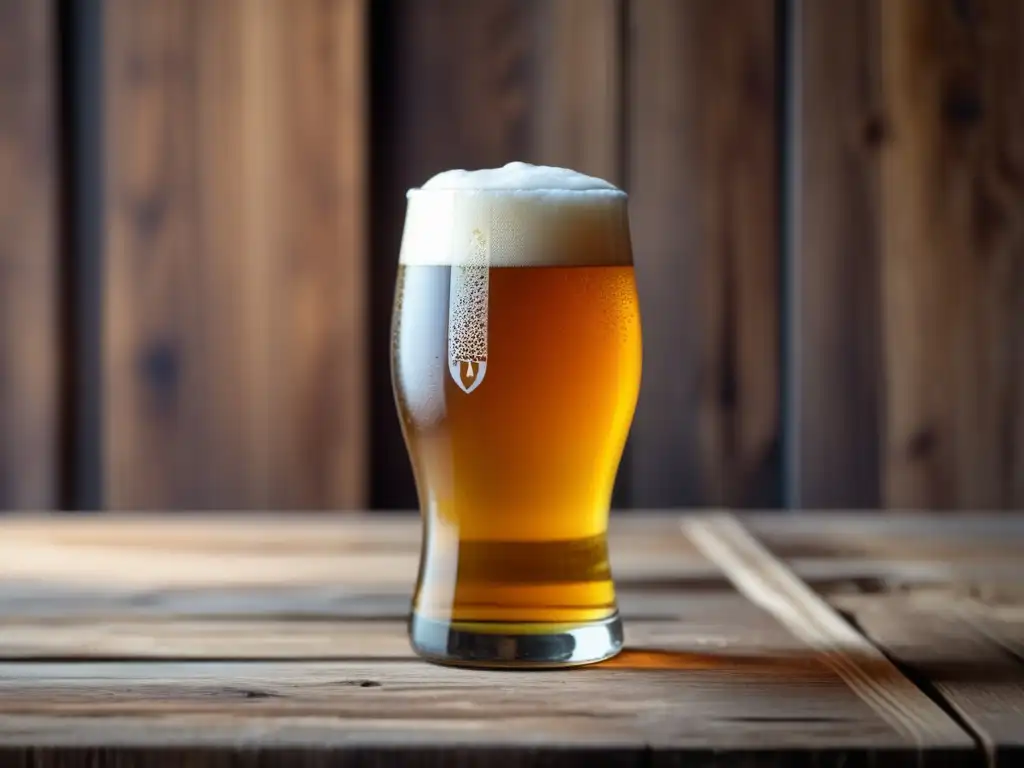 Cerveza Tyris VIPA Hefeweizen: Imagen 8k de vidrio con líquido dorado, burbujas y espuma blanca en mesa rústica