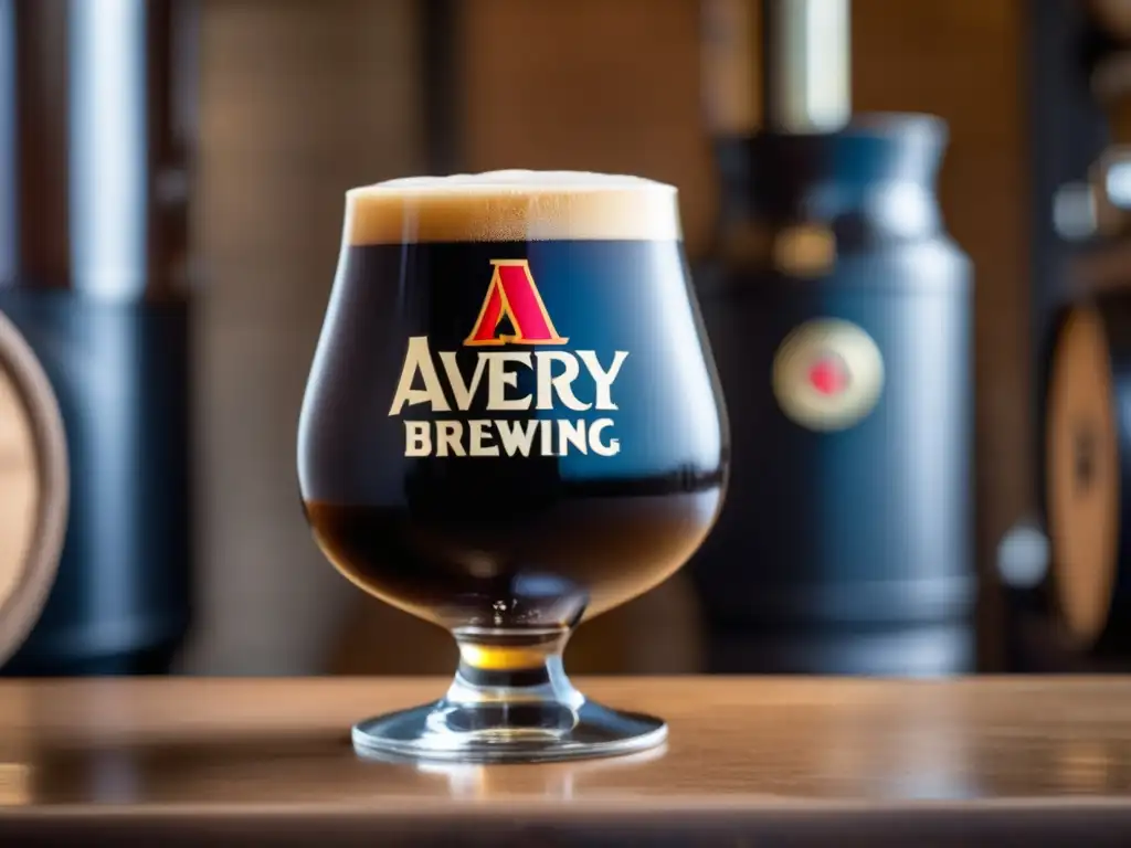 Imagen detallada de Avery Brewing Uncle Jacob's Stout, una cerveza barrel-aged con tonos negros y espuma cremosa en un vaso snifter