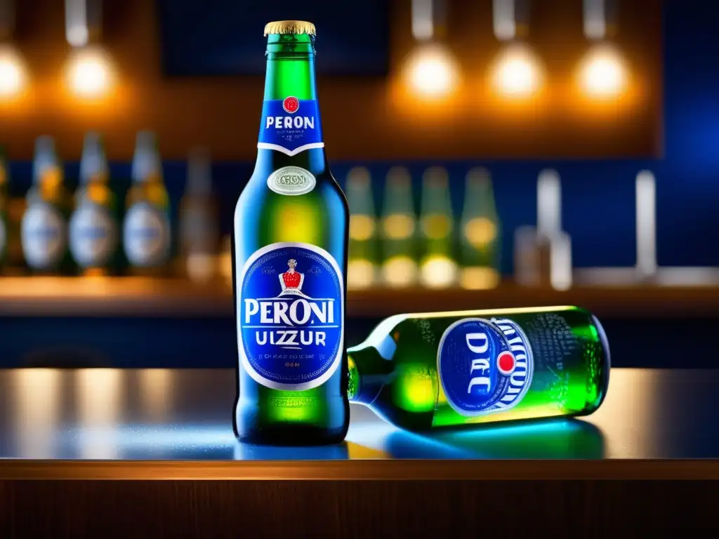 Botella helada de Peroni Nastro Azzurro en bar moderno, detalle y elegancia