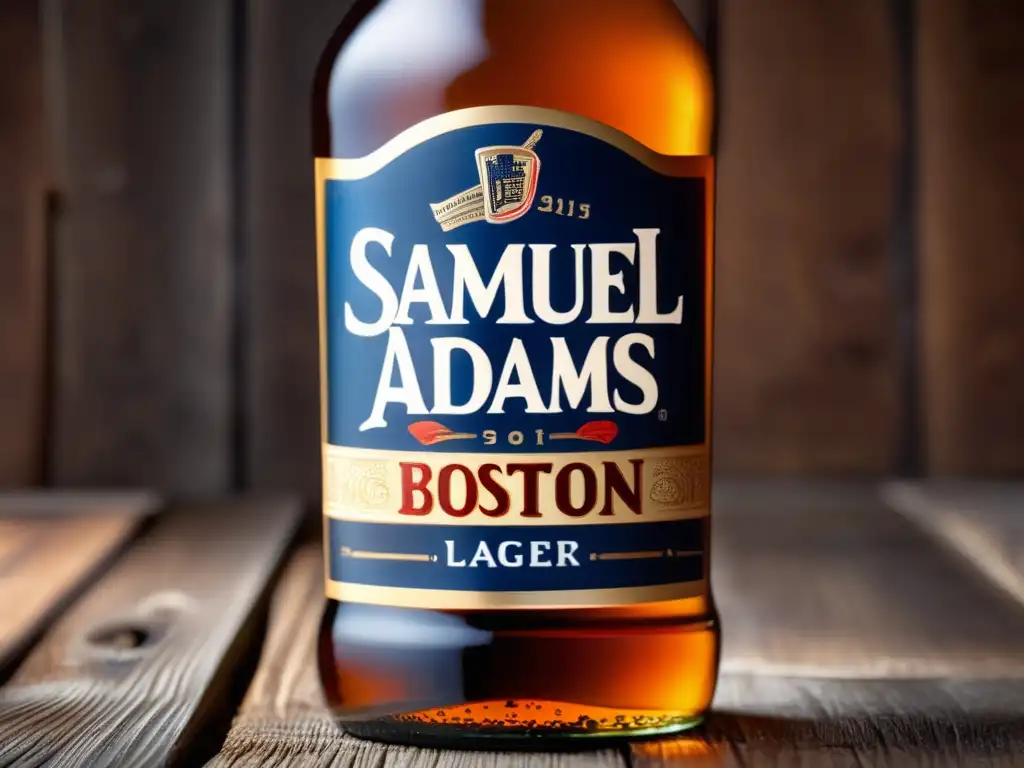 Detalle impresionante de una botella de cerveza Samuel Adams Boston Lager en una mesa de madera rústica