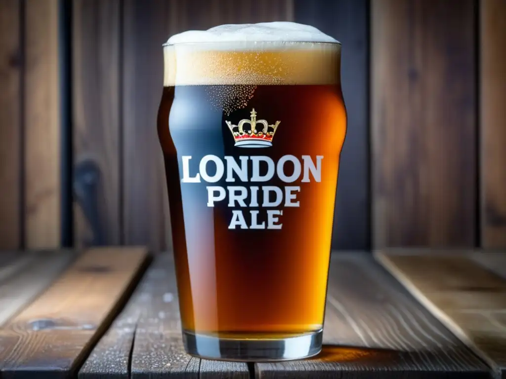 Imagen detallada de una pinta de cerveza London Pride con condensación, pan artesanal y pub británico