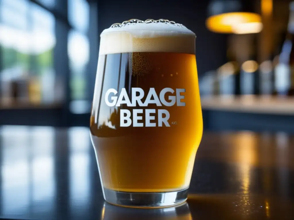 Cerveza Garage Beer Co: Imagen detallada de una copa repleta de su emblemática cerveza dorada, con burbujas y condensación