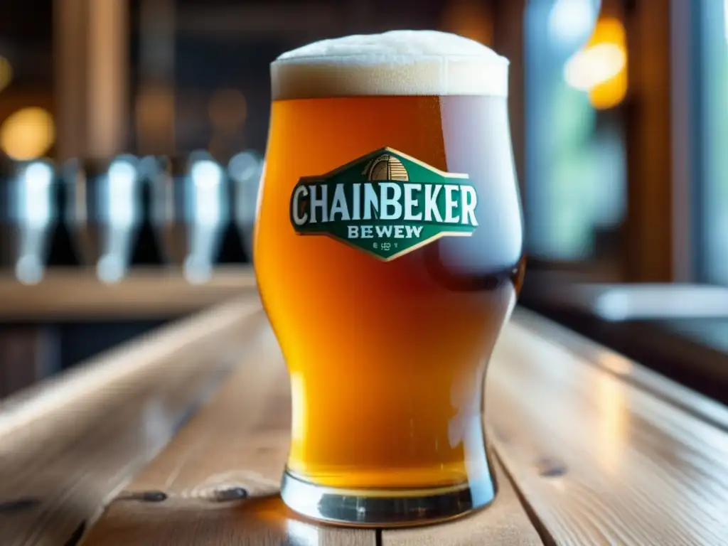 Ultradetalle de una cerveza Chainbreaker Wheat IPA de Deschutes Brewery, en vidrio sobre mesa rústica