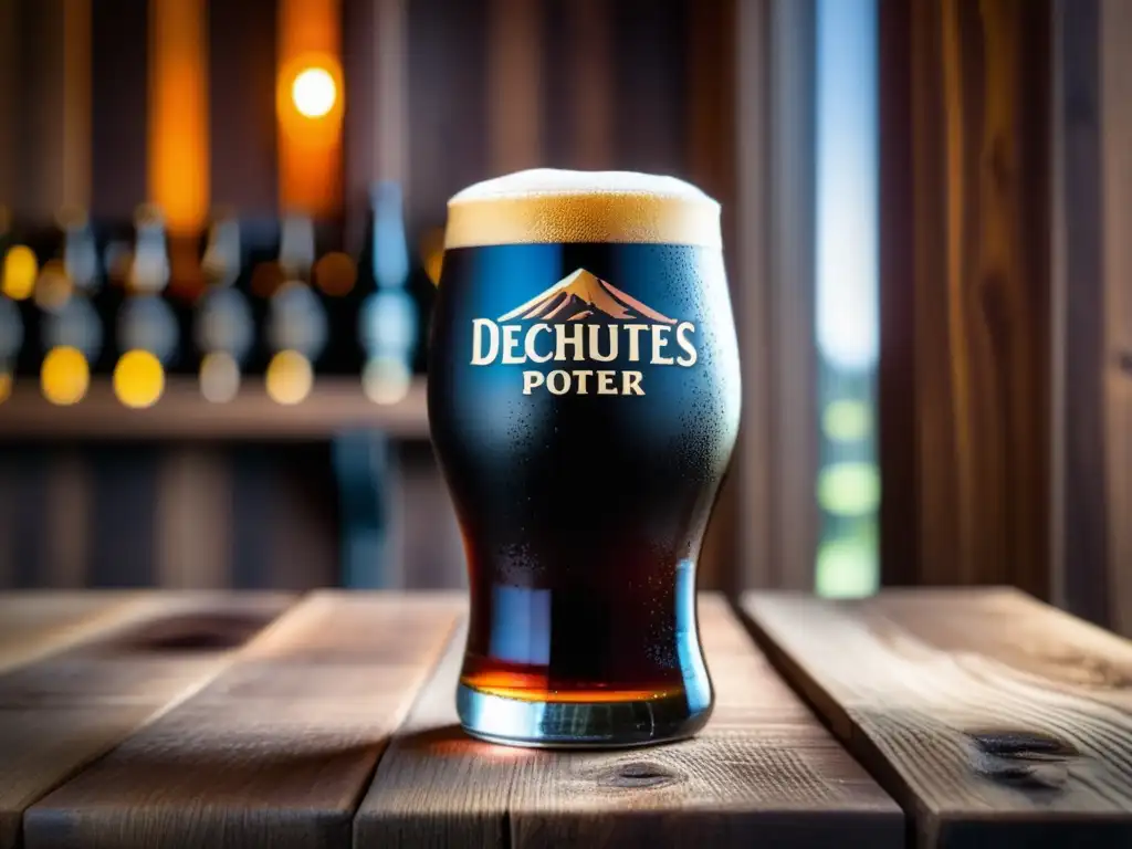 Copa de Deschutes Black Butte Porter: cerveza oscura con espuma y textura sofisticada