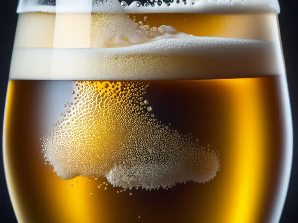 Imagen detallada de una cerveza dorada con burbujas y espuma blanca en un vaso, realista y elegante