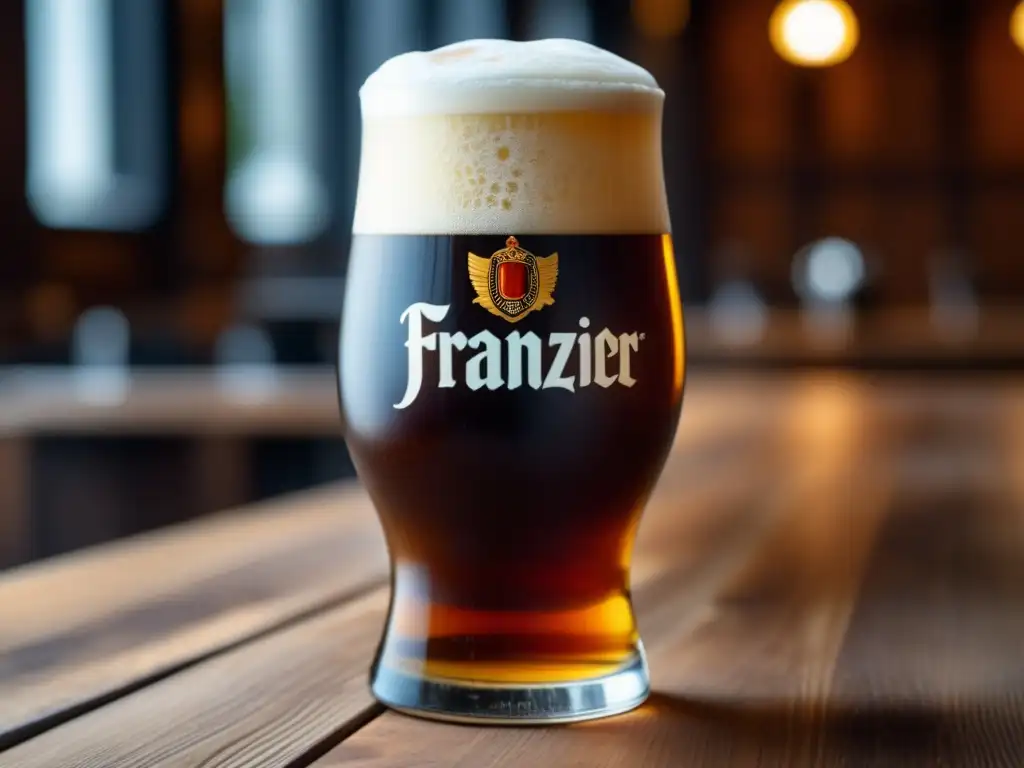 Glass of Franziskaner Weissbier Dunkel, carbonated beer with rich amber color and creamy head, on weathered wooden table