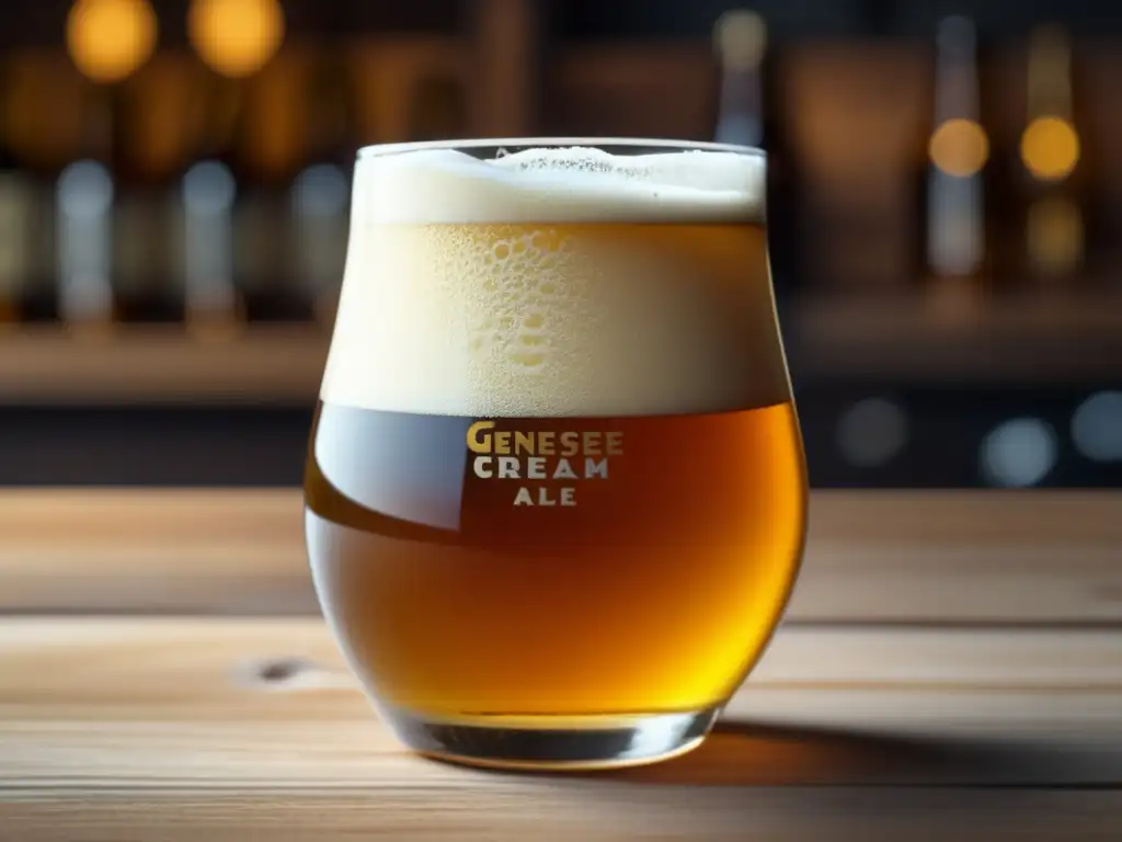 Cerveza Cream Ale en vaso de cristal, detalle 8k, espuma cremosa y dorada, condensación, iluminación suave