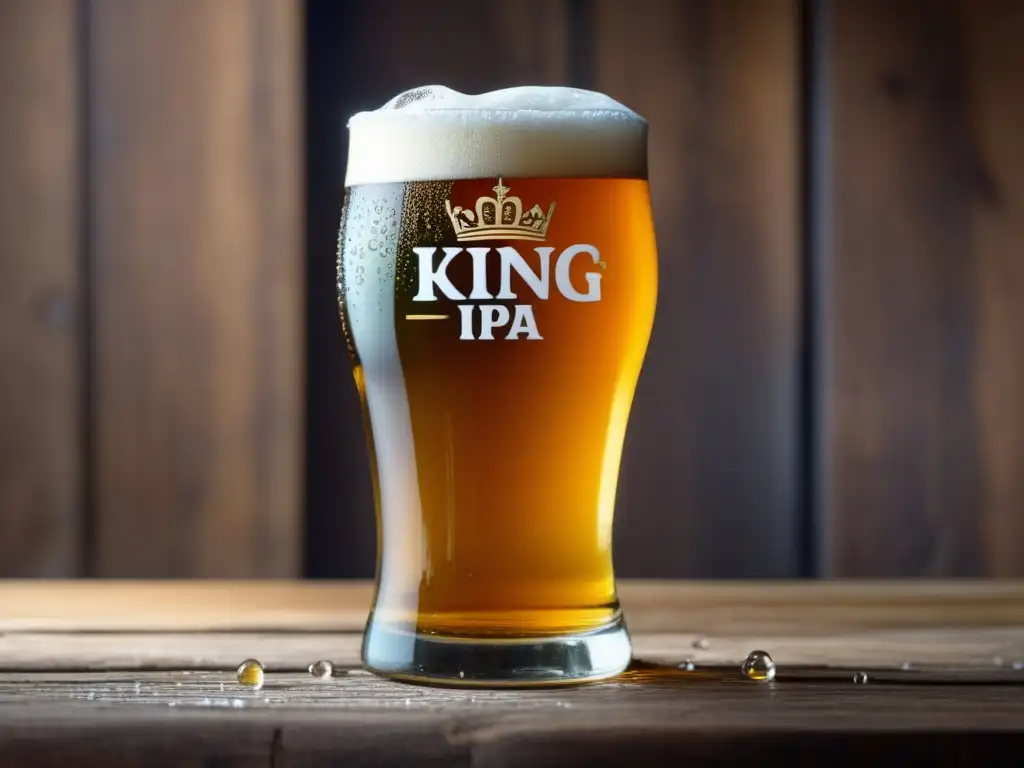 Pinta de Greene King IPA, dorada y detallada, con burbujas reflejando la luz de manera fascinante