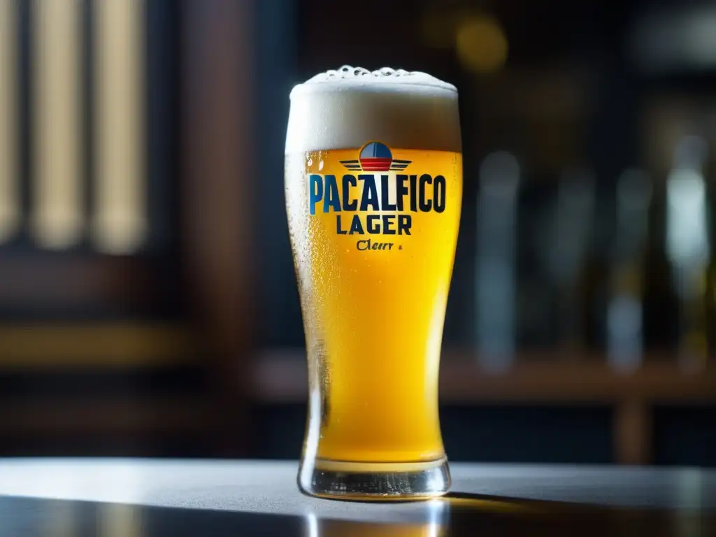 Cerveza Lager Mazatlán Pacifico Clara en vaso alto y delgado, con burbujas y condensación