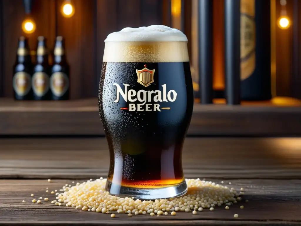 Cerveza Negra Modelo: Dark Lager con espuma cremosa y color intenso, rodeada de granos de cebada y lúpulo