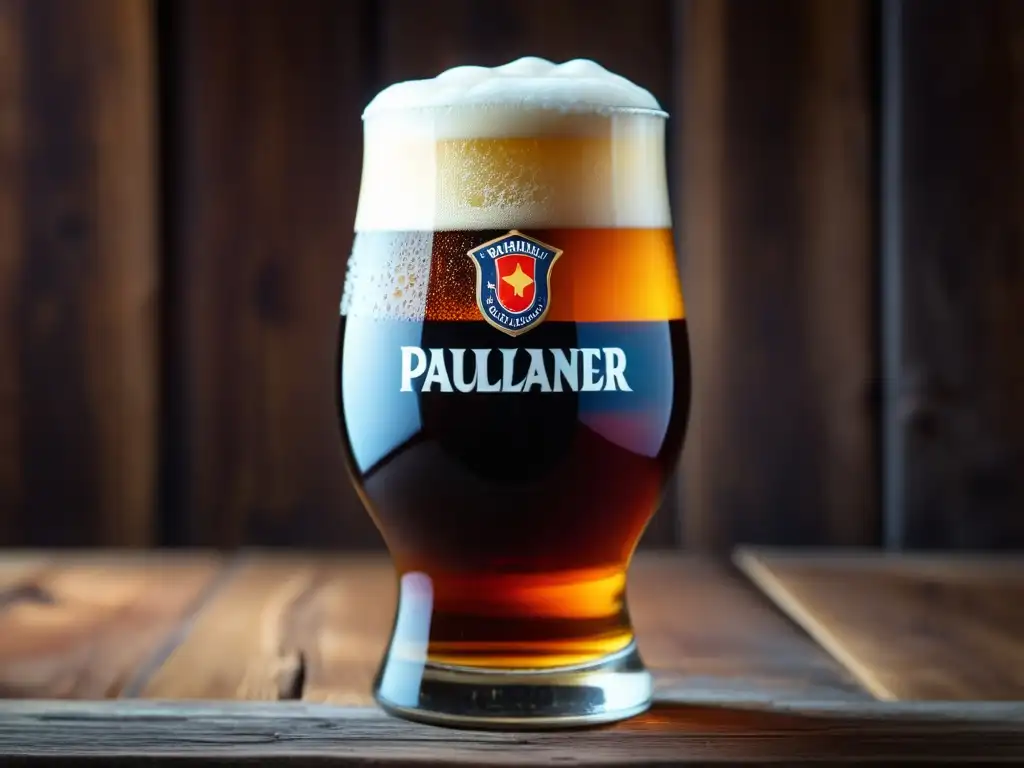 Doppelbock de Cuaresma: Vaso de cerveza Paulaner Salvator en mesa de madera con pan y queso