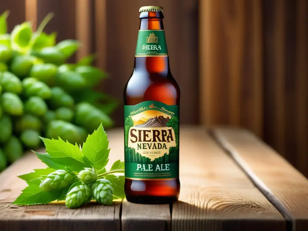 APA Sierra Nevada con detalles exquisitos en mesa de madera rústica, rodeada de lúpulos verdes y granos de cebada dorada