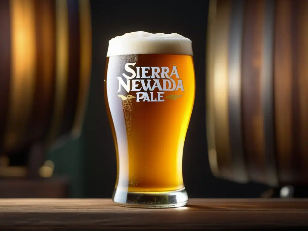 Imagen detallada de una cerveza Sierra Nevada Pale Ale en un vaso, con burbujas y condensación