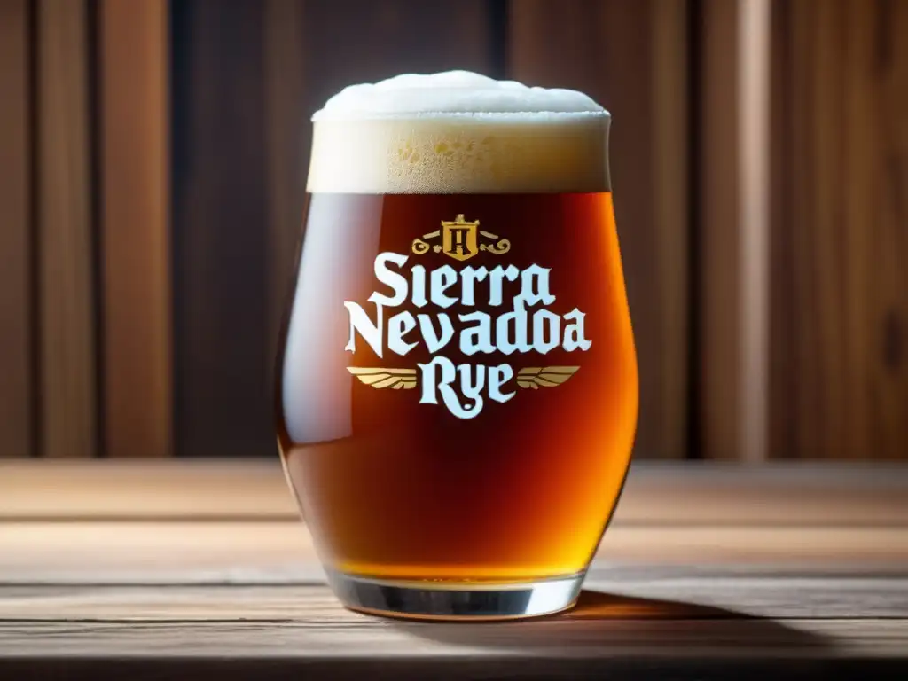 Cerveza Sierra Nevada Ruthless Rye IPA en vaso de vidrio, con espuma cremosa y burbujas, sobre mesa de madera - Rye Ale