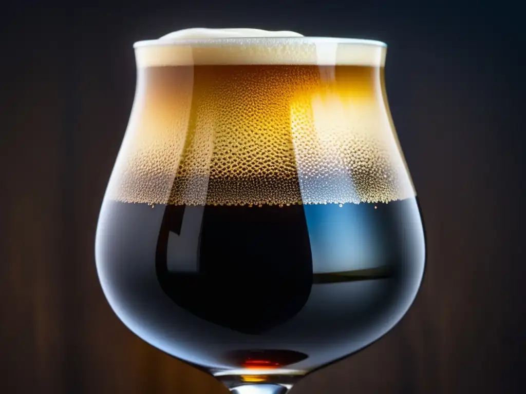 Detallada imagen de una copa snifter con The Abyss Imperial Stout, capturando las capas y complejidades de la cerveza