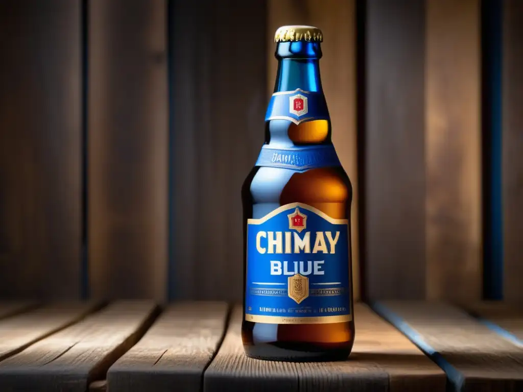 Botella de cerveza Chimay Blue Cap en mesa de madera, detallada y elegante