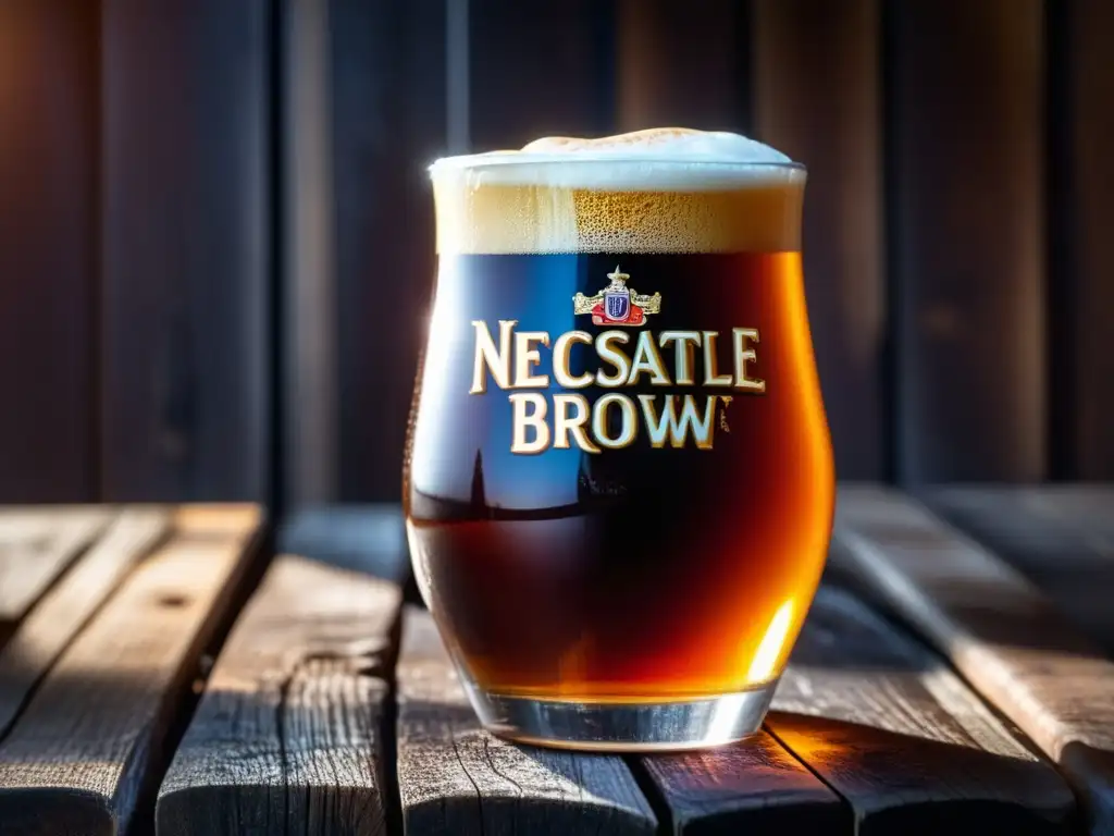 Imagen detallada de una cerveza Newcastle Brown Ale en una mesa de madera rústica, iluminada por una luz cálida