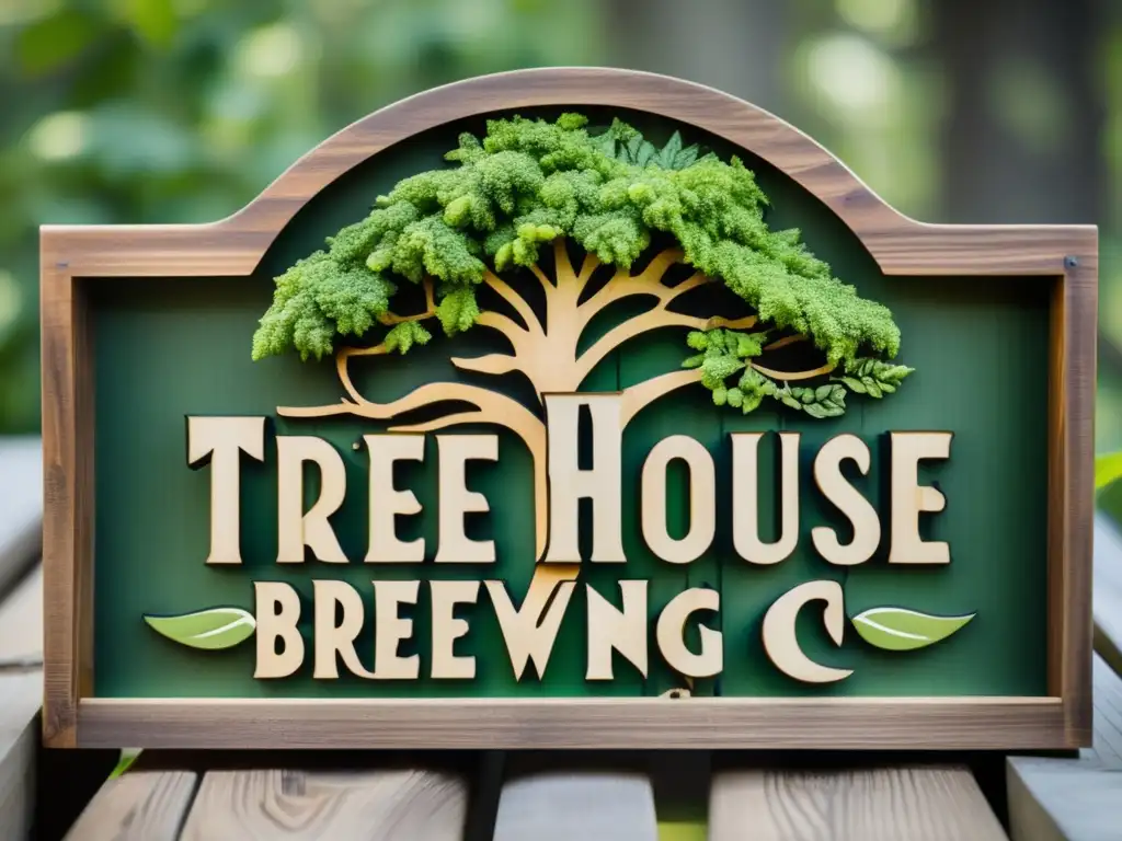 Detallada imagen de un letrero de madera artesanal con el logo de Tree House Brewing Co