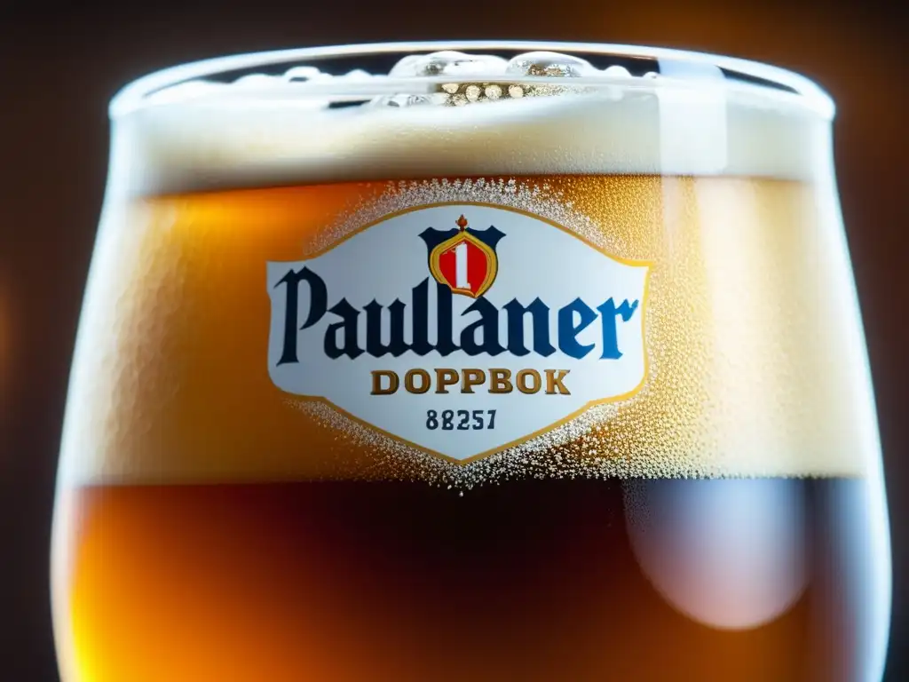 Detalle excepcional de cerveza Paulaner Salvator Doppelbock en un vaso, con color ámbar y espuma cremosa