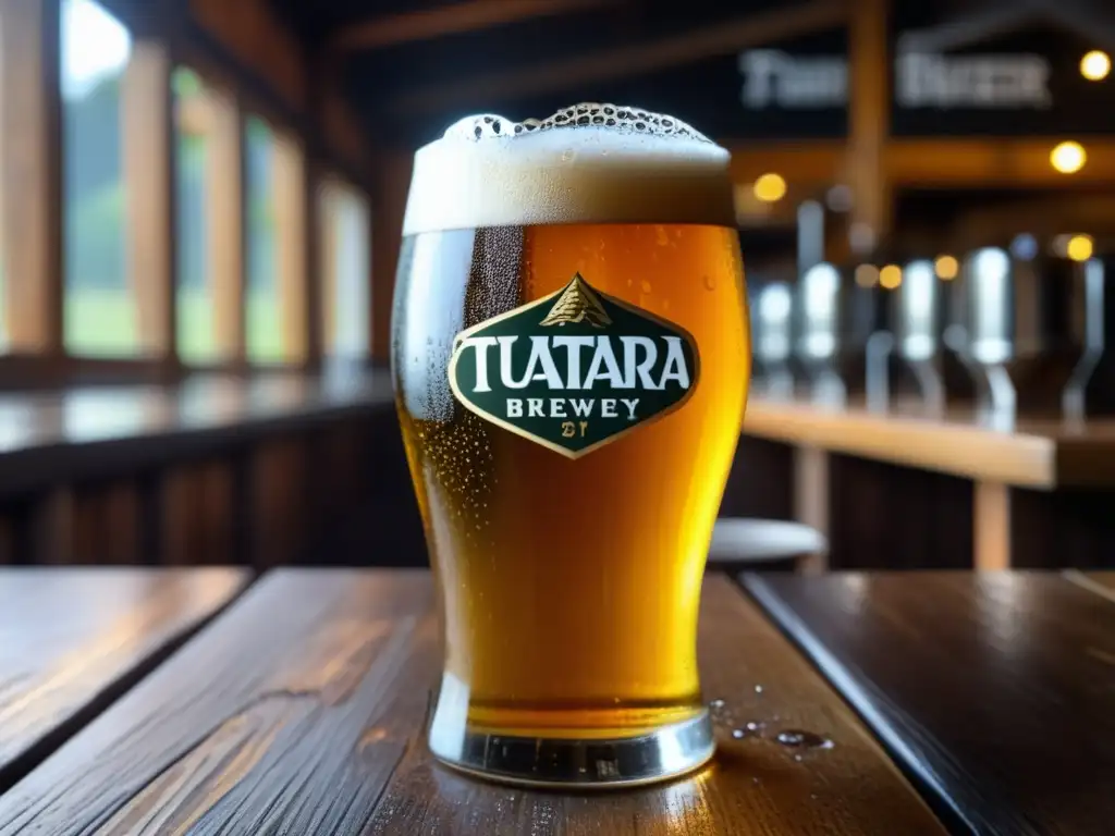 Detallada imagen del clásico beer de Tuatara Brewery en un vaso de vidrio, con burbujas y condensación resaltando su frescura y textura