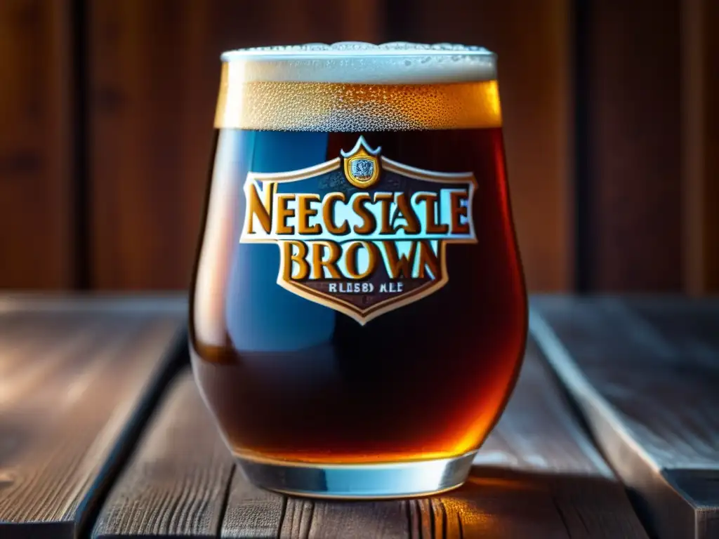 Vaso de cerveza Newcastle Brown Ale, detalle y textura sofisticada