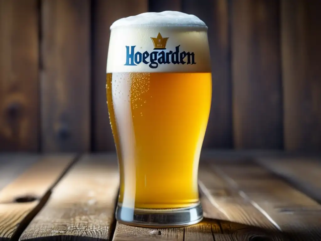 Detallada imagen de una refrescante Hoegaarden witbier con espuma velvety, burbujas y adornos de coriandro y naranja