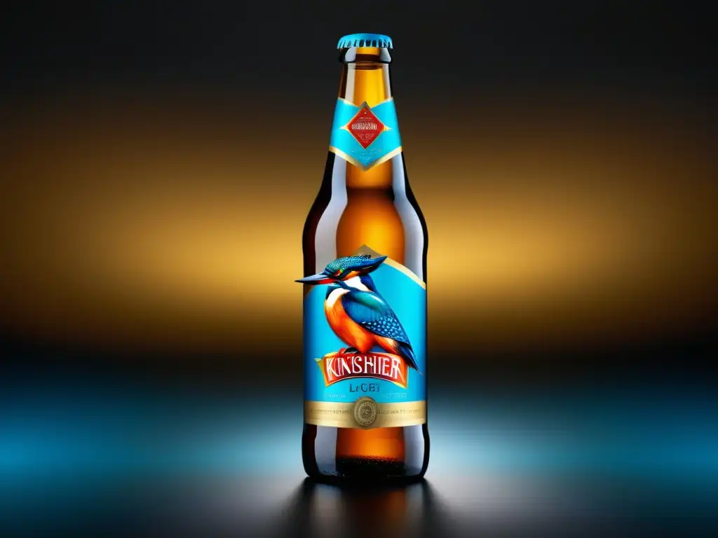 Cerveza Kingfisher Premium Lager: botella detallada en 8k con diseño meticuloso y textura elegante