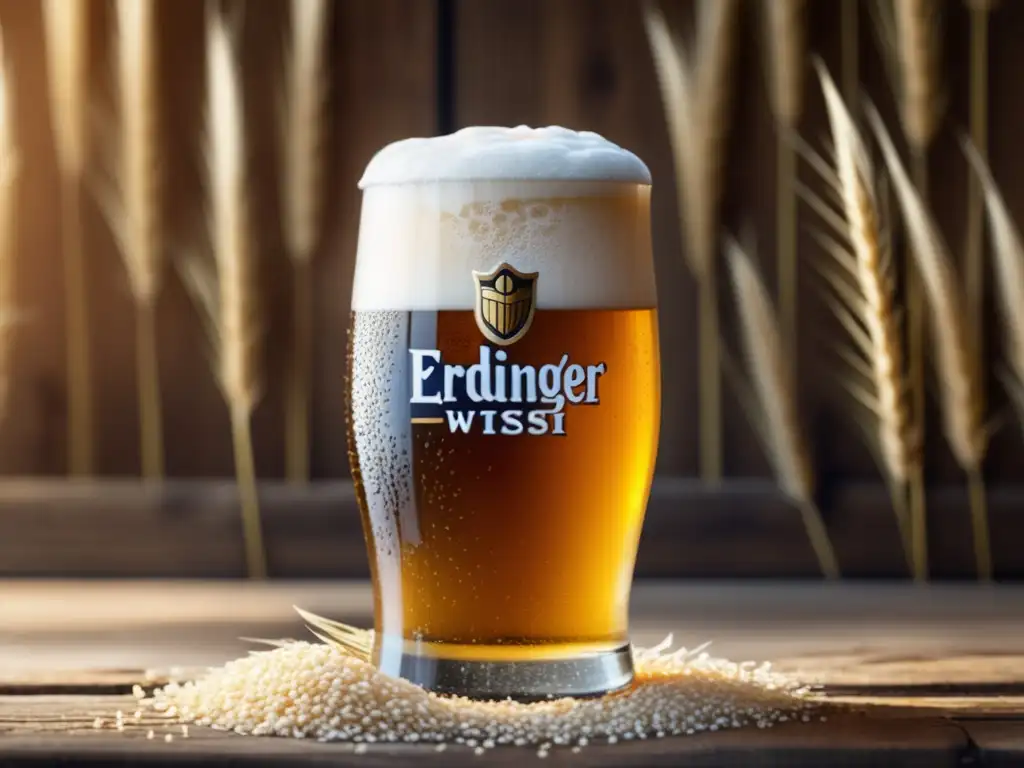 Cerveza Weizenbier Erdinger recién servida, con burbujas y espuma blanca sobre mesa de madera